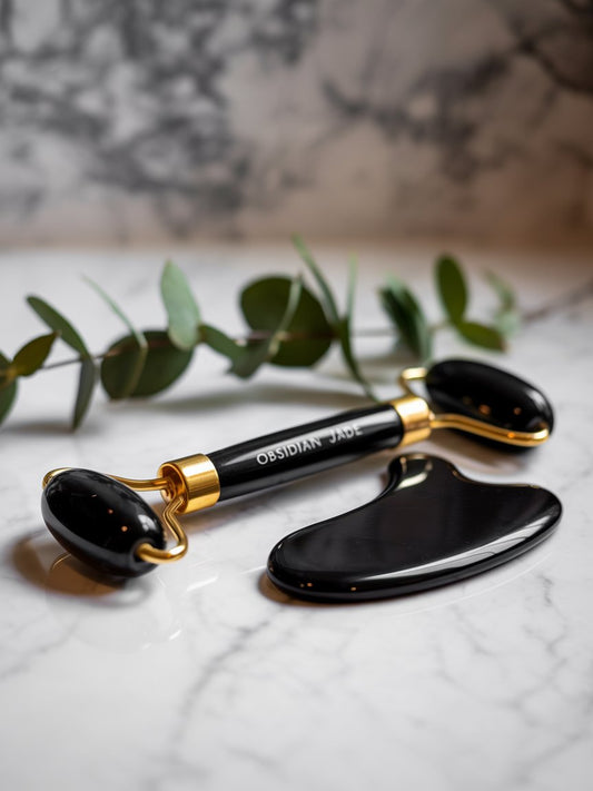 Obsidian Jade Roller & Gua Sha Set – 100% Natural Stone (Black)