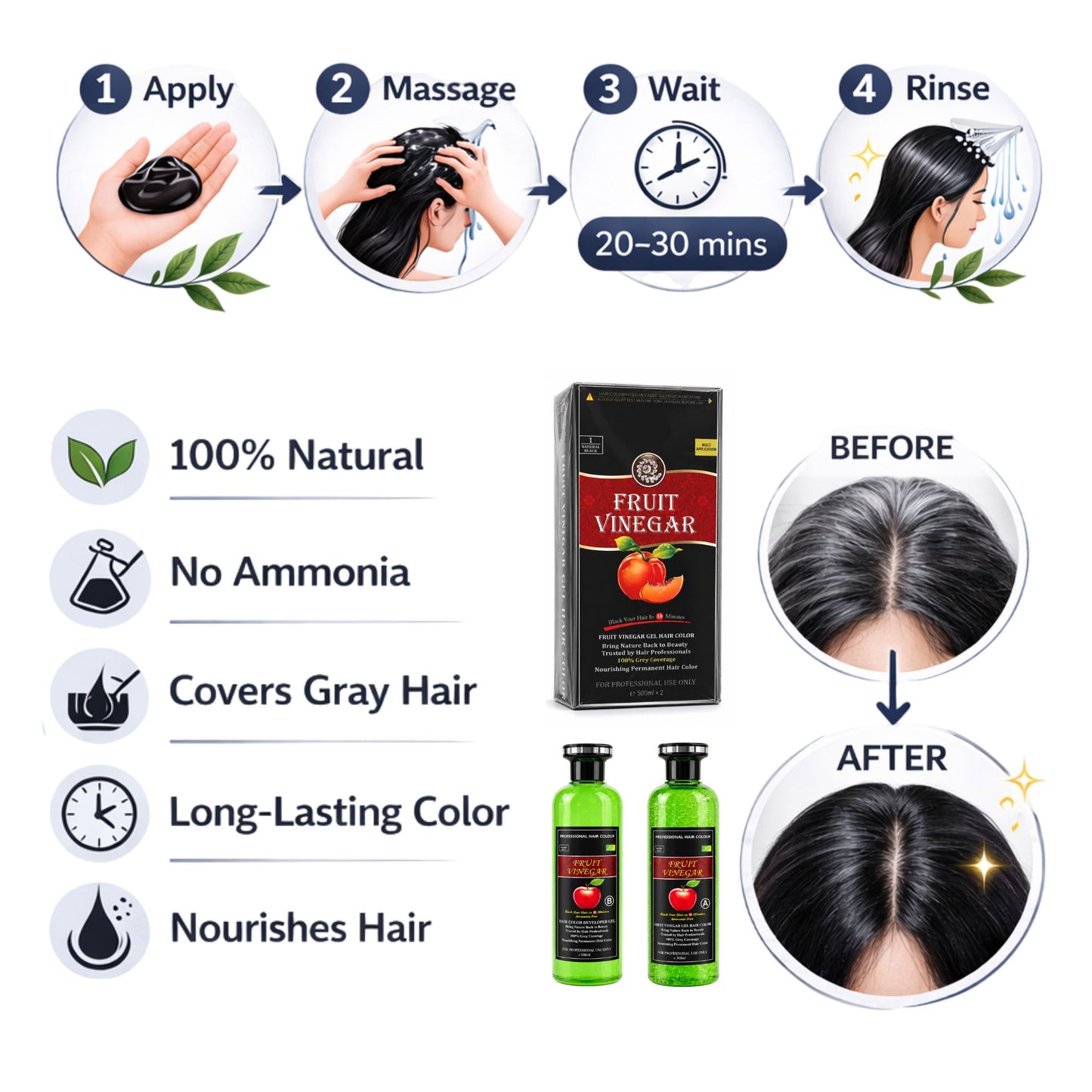 Fruit Vinegar Hair Dye 1000 ML- Fruit Vinegar Hair Colour Gel Black, 1000 ML (500 + 500 ML)
