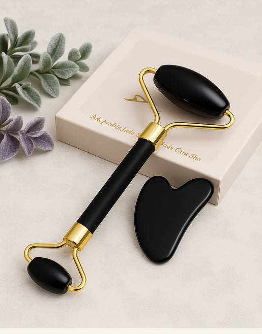 Obsidian Jade Roller & Gua Sha Set – 100% Natural Stone (Black)
