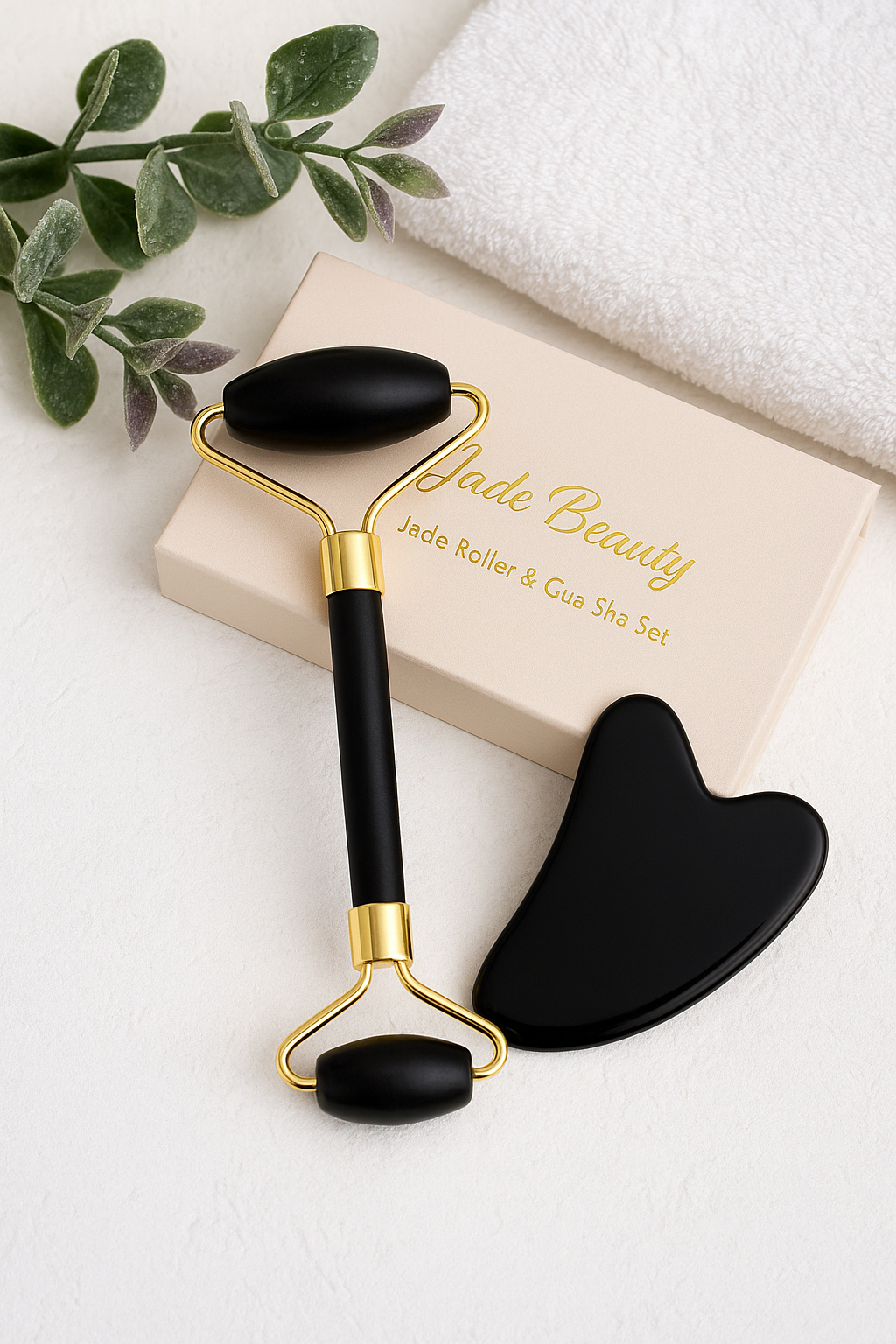 Obsidian Jade Roller & Gua Sha Set – 100% Natural Stone (Black)