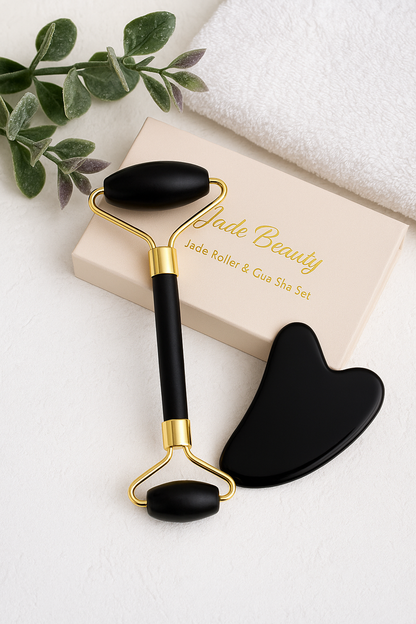 Obsidian Jade Roller & Gua Sha Set – 100% Natural Stone (Black)