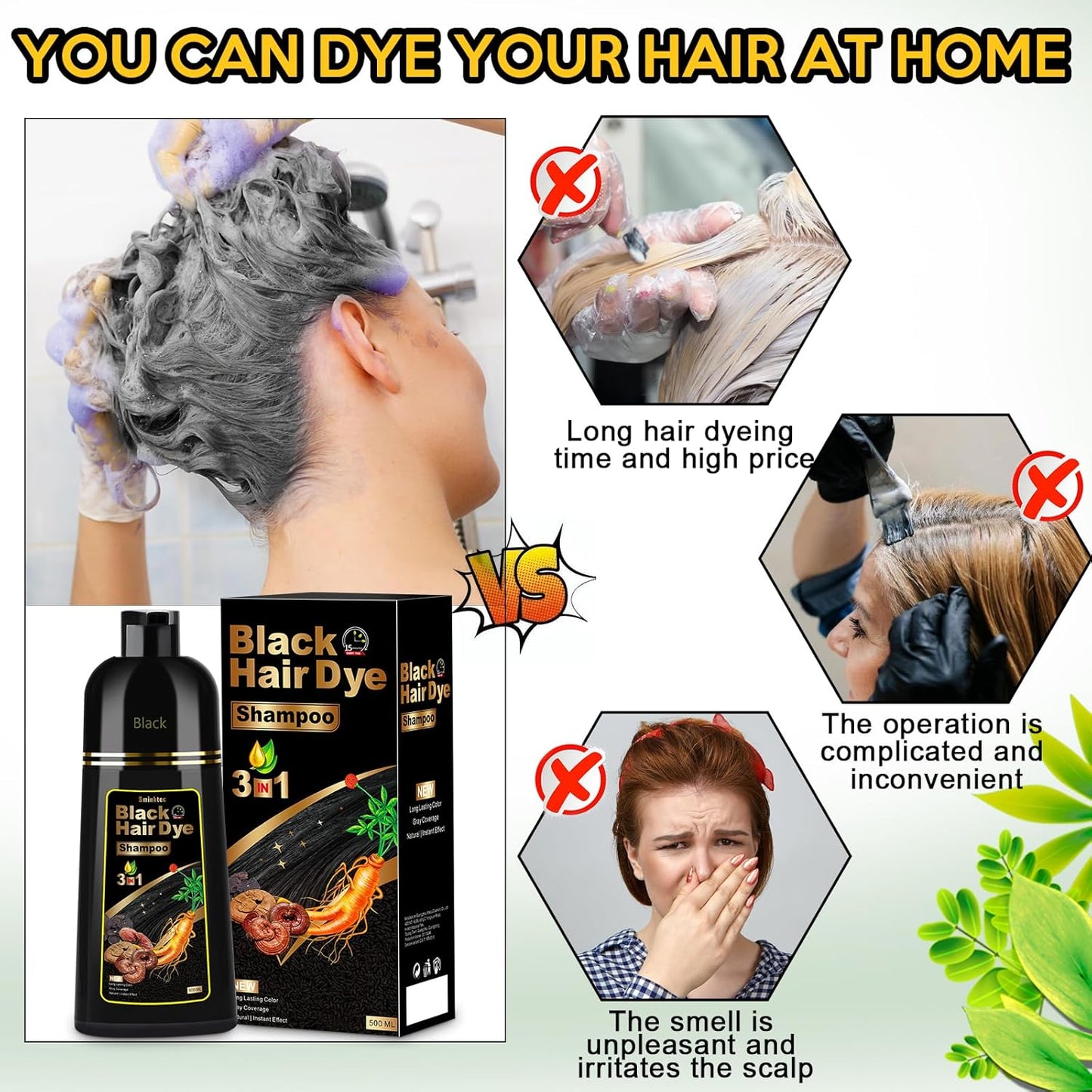 Black Hair Dye Shampoo 3 In 1 - 500 ML 3 In 1 Hair Dye Shampoo for Men and Women