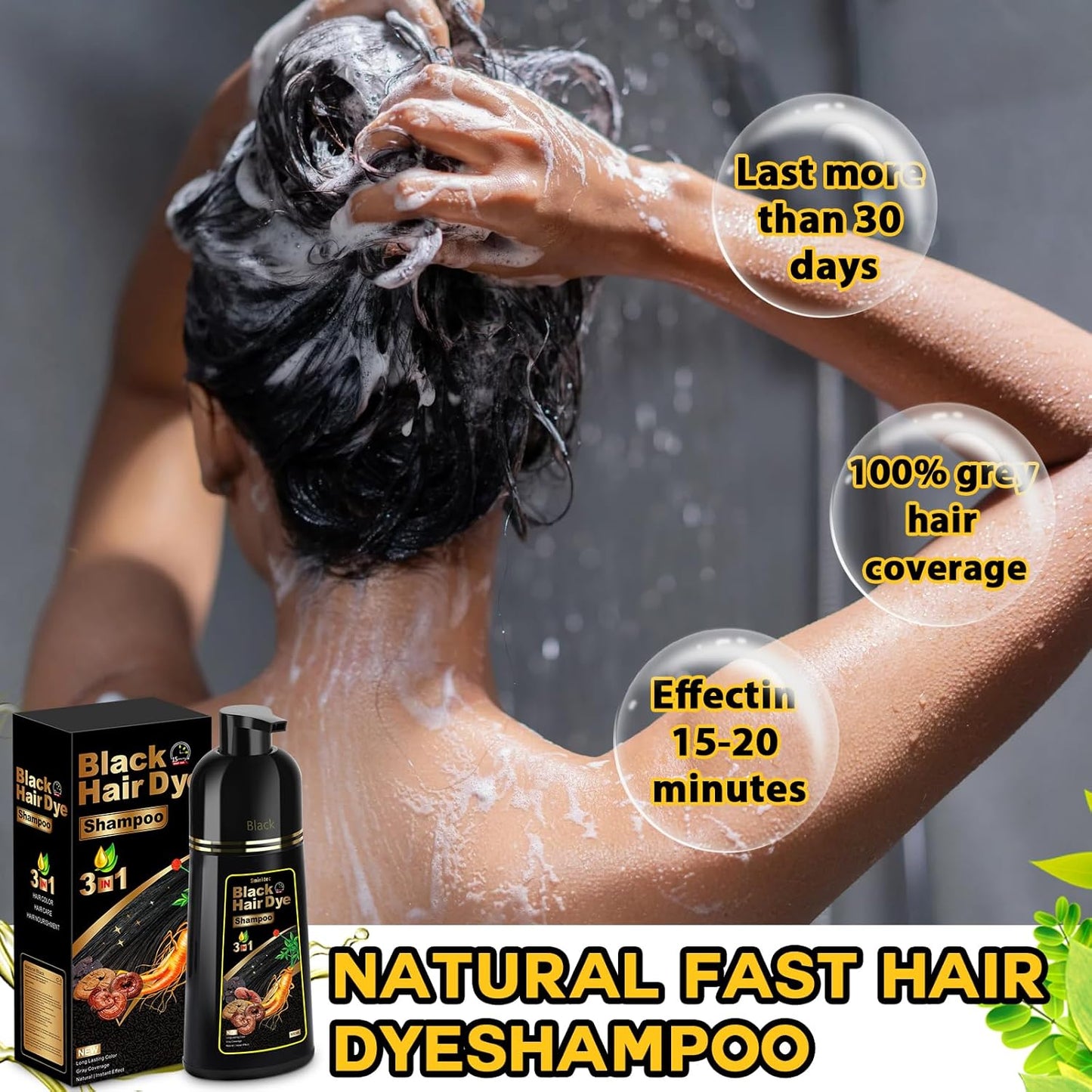 Black Hair Dye Shampoo 3 In 1 - 500 ML 3 In 1 Hair Dye Shampoo for Men and Women